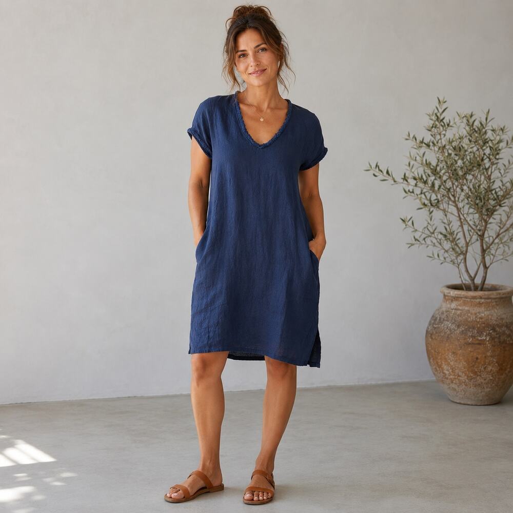Foil blue sleeveless linen dress size 6 Classic natural Beachy boho